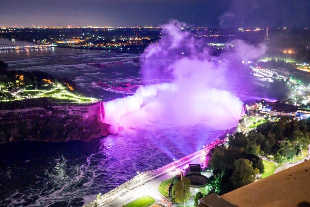 View of the lights at Niagara Falls at night
