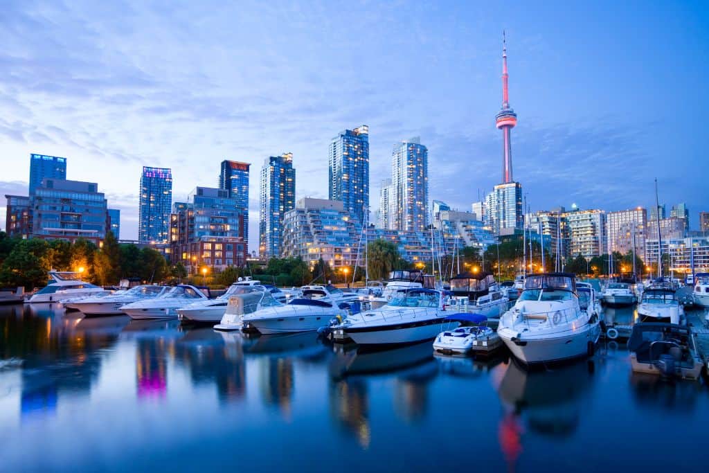 View of Toronto harbourfront at dusk 