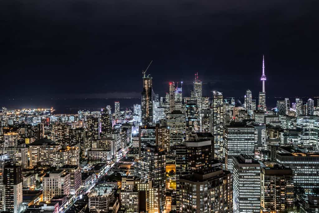One of our favourite views of Toronto at night is from a tall building, as seen in this photo. If you can manage to see the lights from the CN Tower that is unbeatable!